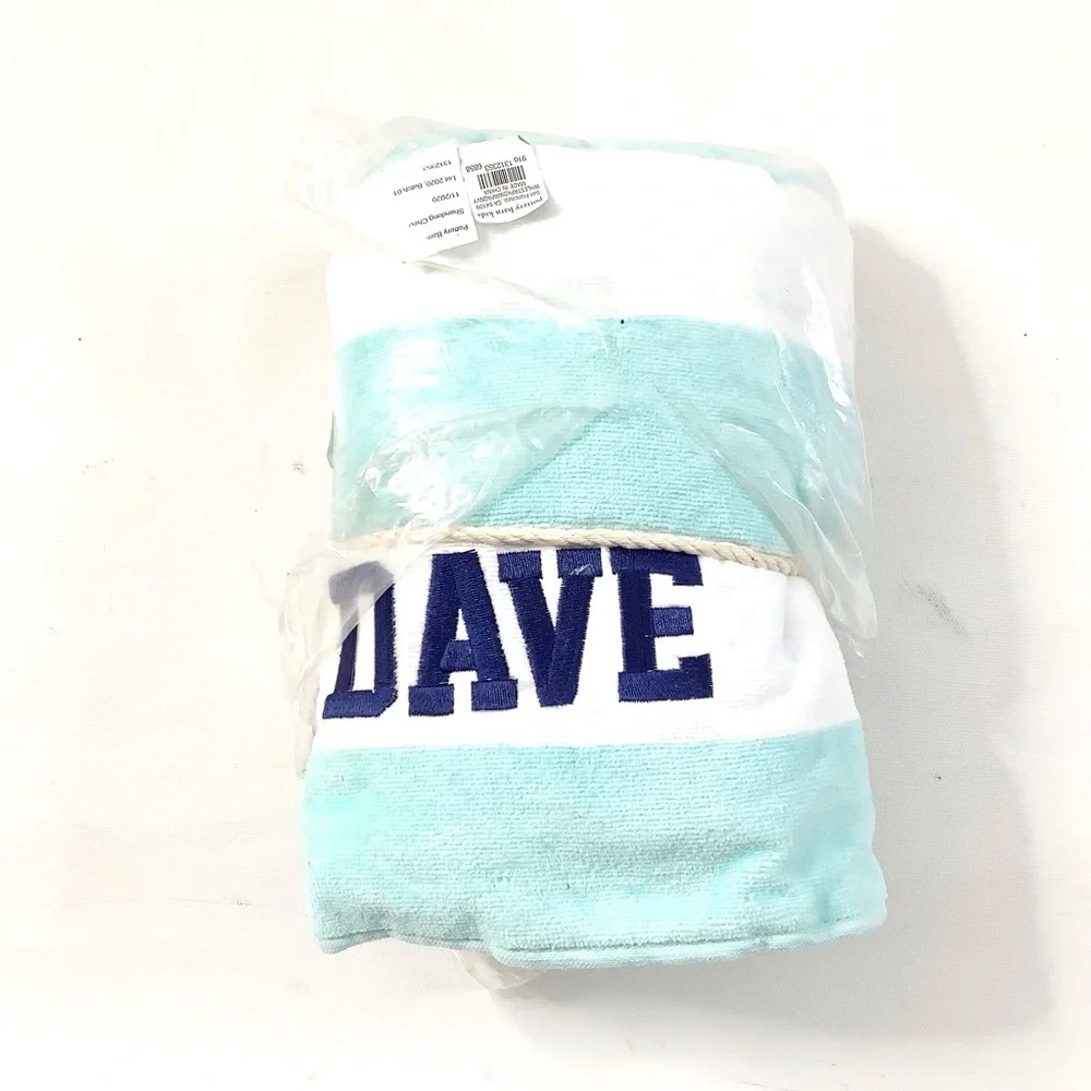 Pottery Barn Kids Whale Stripe Baby Beach Hooded Towel DAVE Monogram Blue White